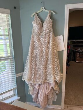 Galina Signature SWG863 Geometric Sequin Wedding Dress Ivory/Cashmere Sz 20W
